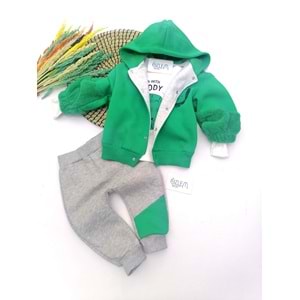 Aslan Figürlü Yeşil Kapüşon Ceketli 3'lü Takım