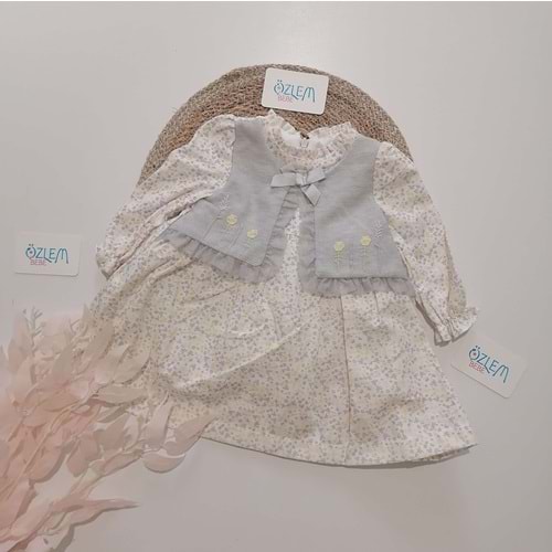 Cepkenli Bebe Yakalı Nakışlı Gri Elbise