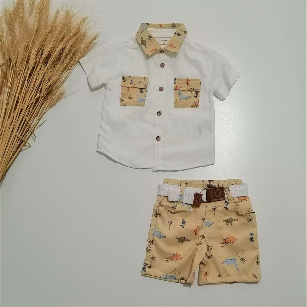 Dinozor Desenli Şortlu Keten Takım