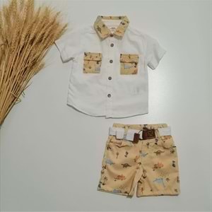 Dinozor Desenli Şortlu Keten Takım