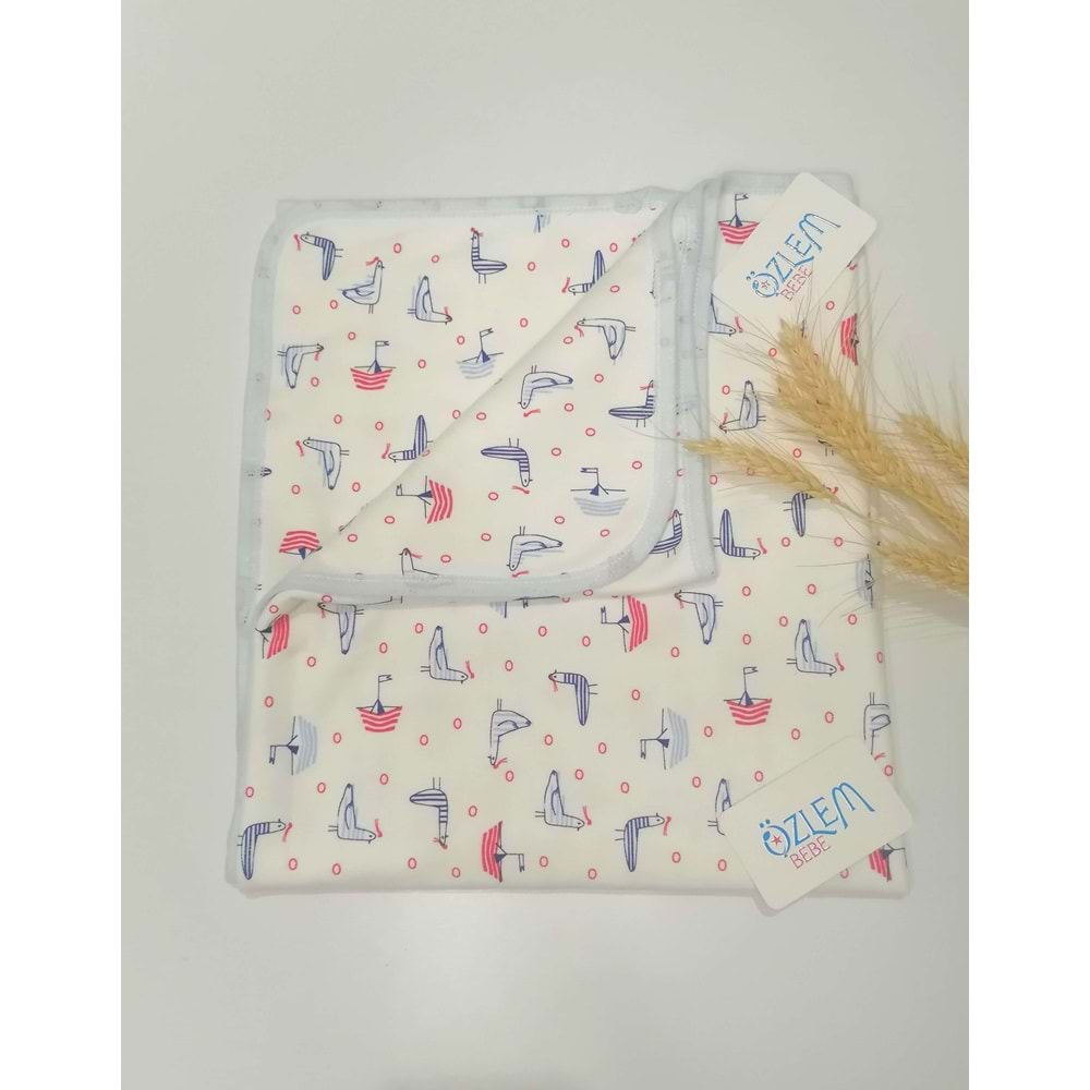 Mavi Martı Desenli Penye Battaniye