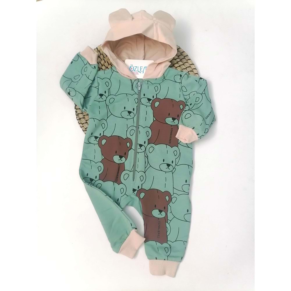 Şirin Ayıcık Desenli Yeşil Bebek Tulumu