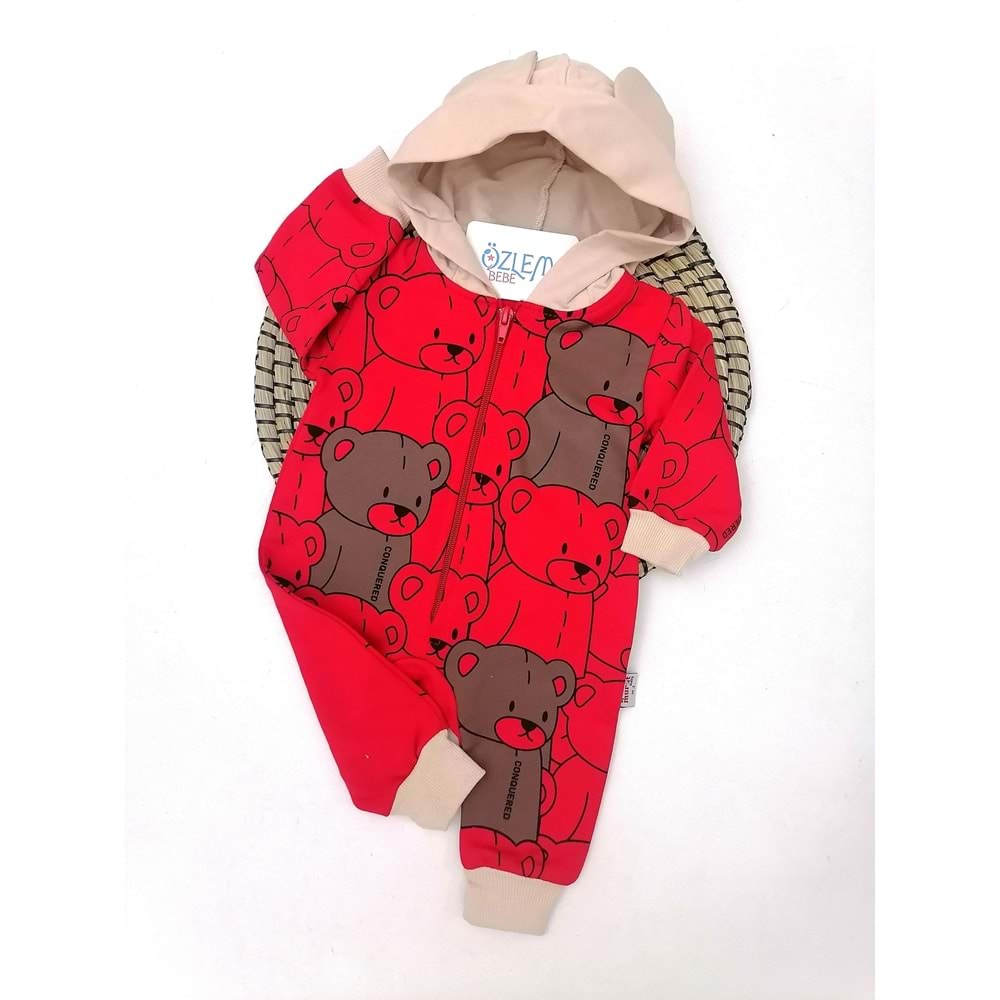 Şirin Ayıcık Desenli Kırmızı Bebek Tulumu