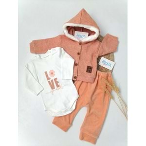 Kapüşonlu Tarçın Rengi 3'lü Bebek Takım