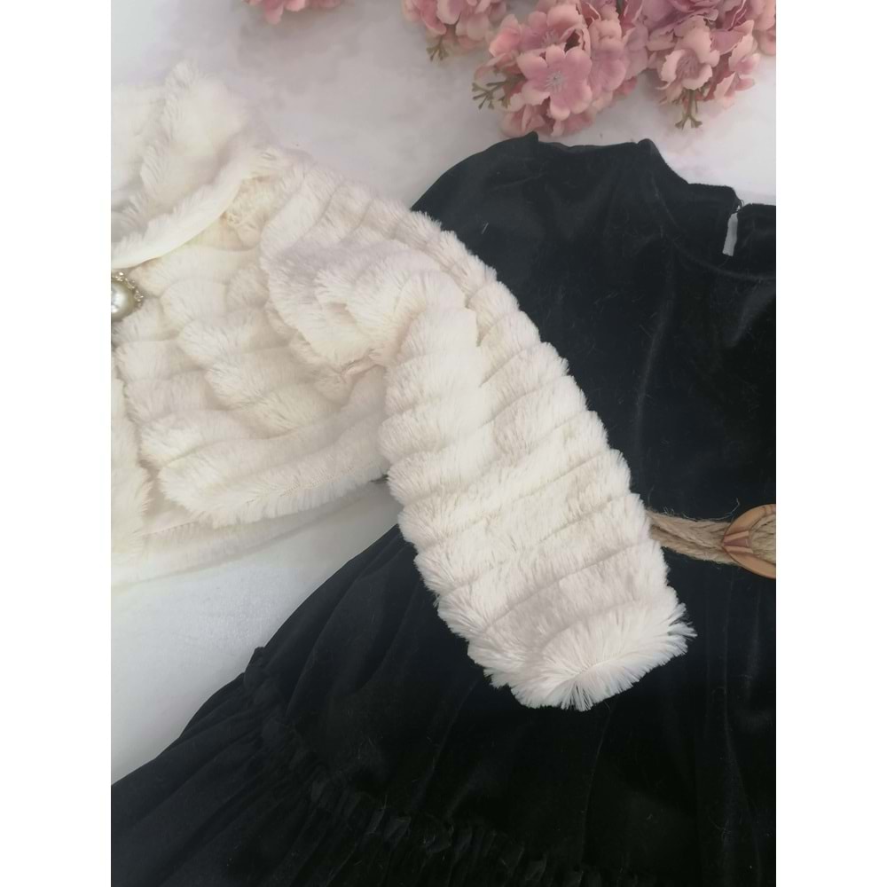 Peluş Bolerolu Siyah Kadife Çocuk Elbisesi