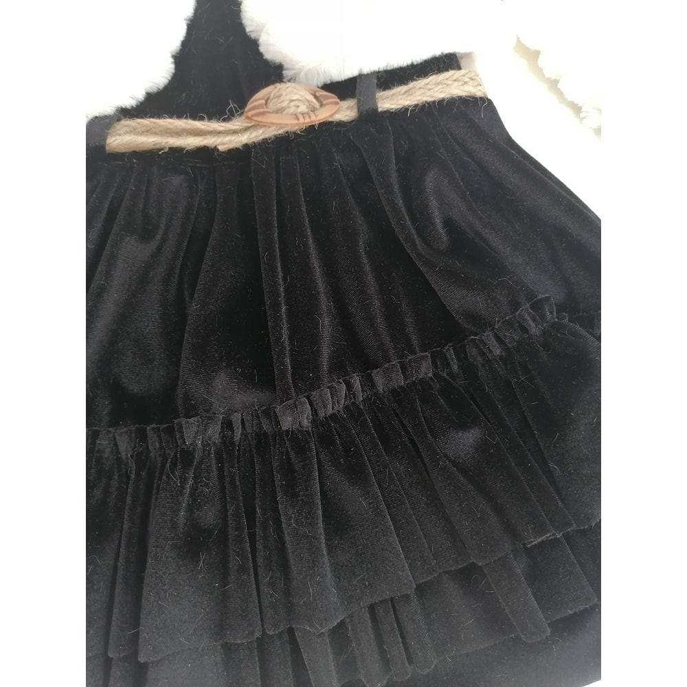 Peluş Bolerolu Siyah Kadife Çocuk Elbisesi