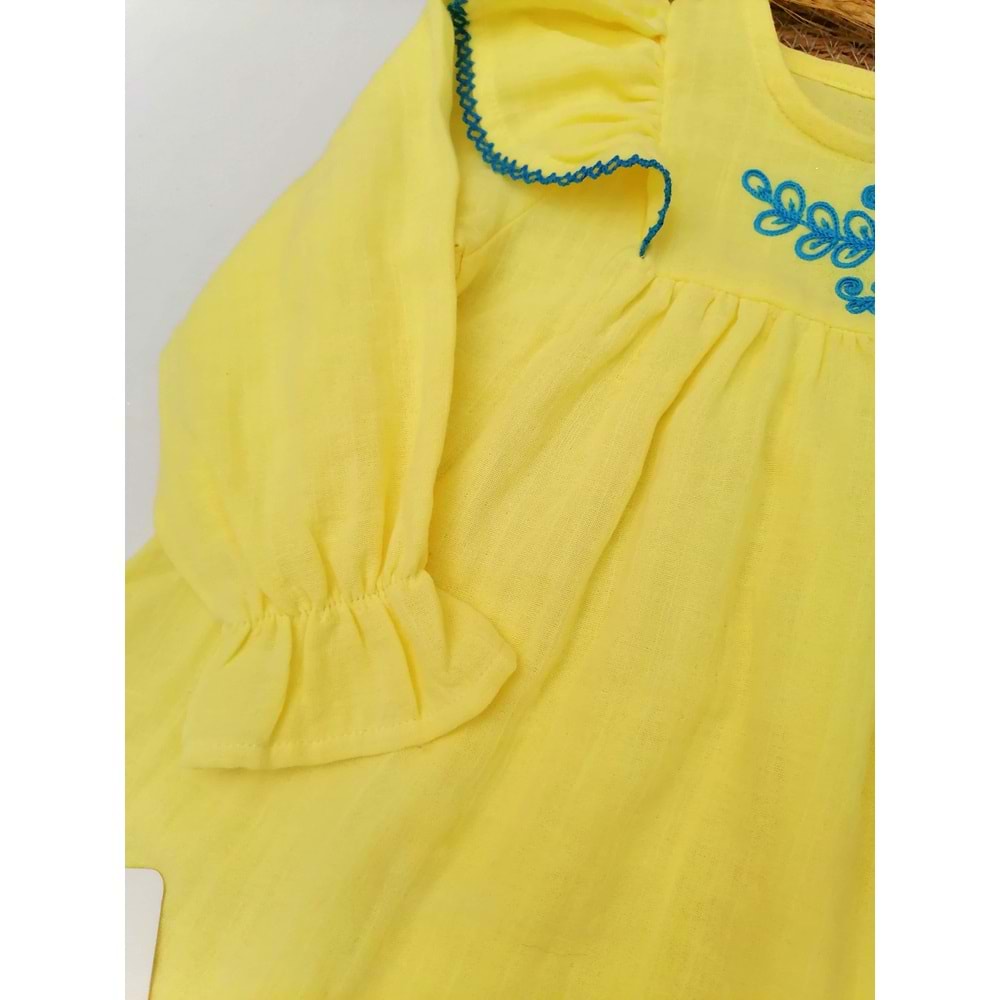 Yakası Nakışlı Sarı Müslin Elbise