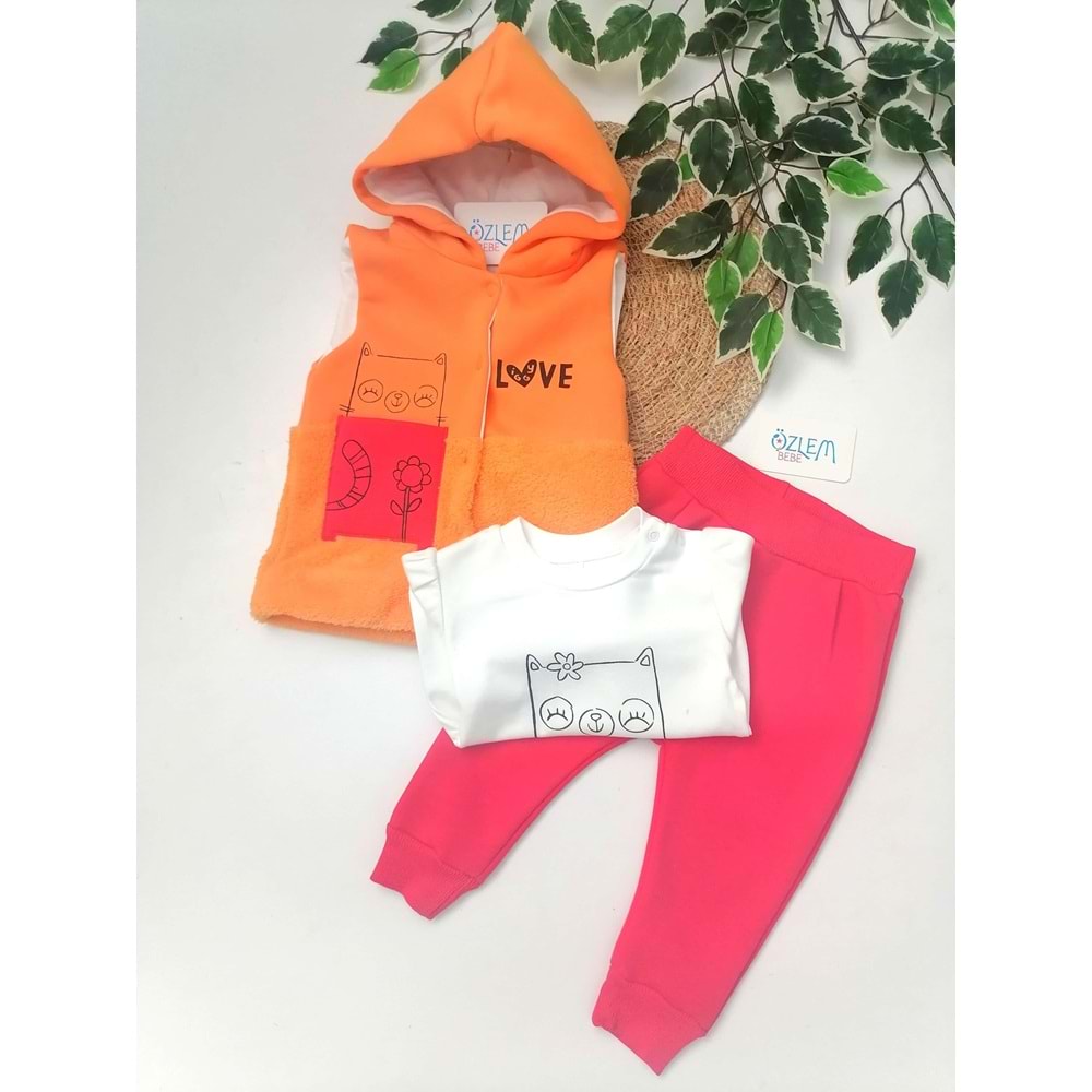 Kedi Figürlü Kapüşon Yelekli Turuncu Takım