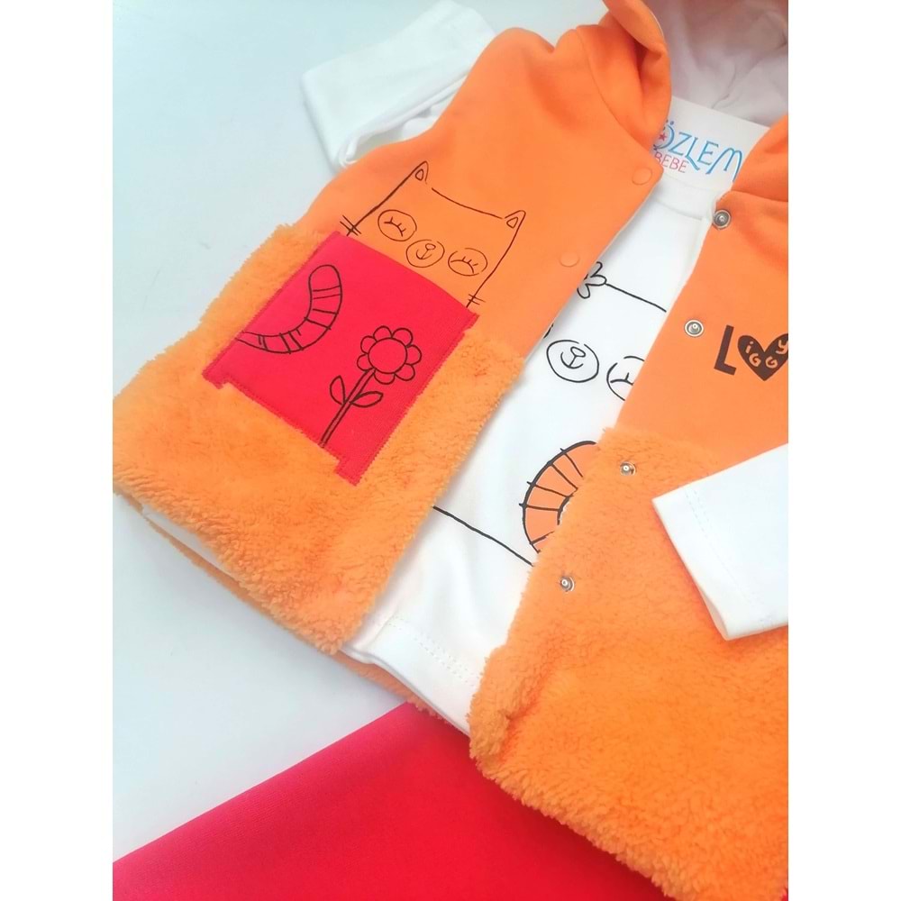 Kedi Figürlü Kapüşon Yelekli Turuncu Takım