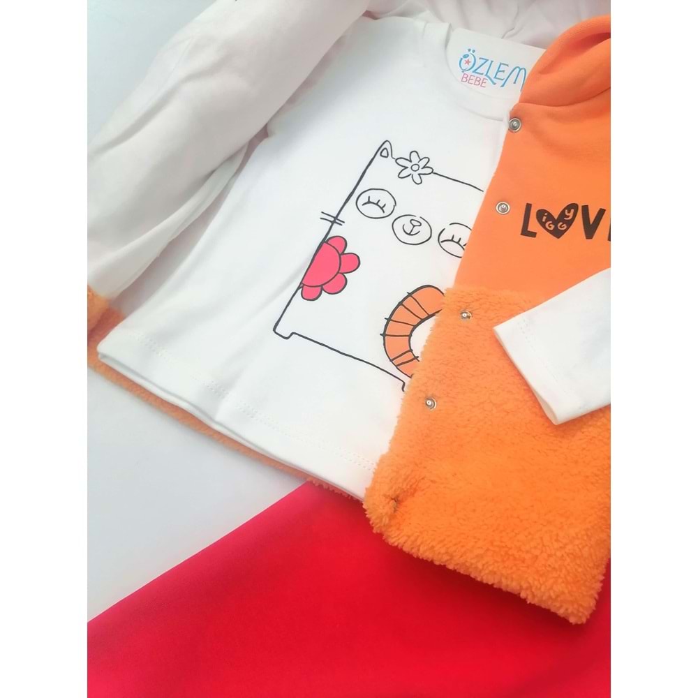 Kedi Figürlü Kapüşon Yelekli Turuncu Takım