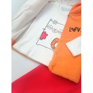 Kedi Figürlü Kapüşon Yelekli Turuncu Takım