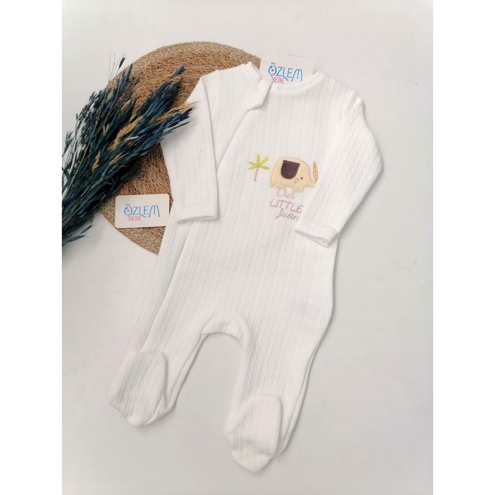 Minik Fil Nakış Kapitone Ayaklı Beyaz Tulum