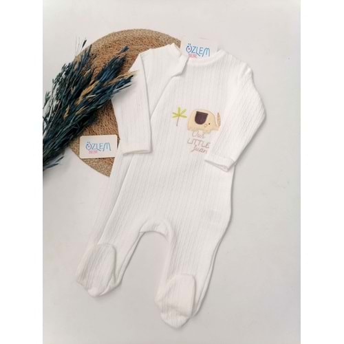 Minik Fil Nakış Kapitone Ayaklı Beyaz Tulum