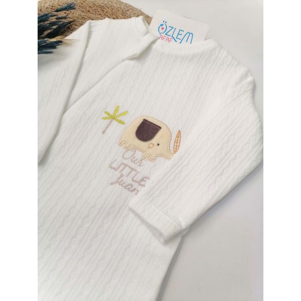 Minik Fil Nakış Kapitone Ayaklı Beyaz Tulum