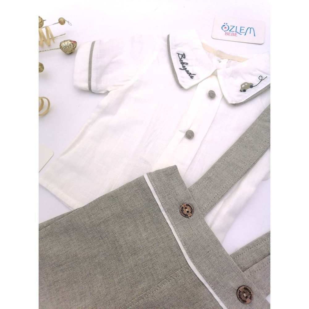 Yakası Nakış Gömlekli Yeşil Şort Salopet Takım