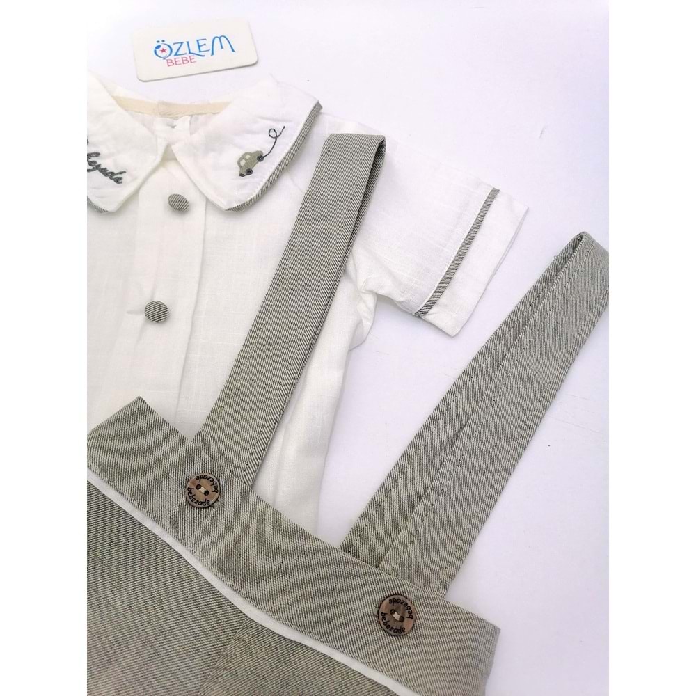 Yakası Nakış Gömlekli Yeşil Şort Salopet Takım