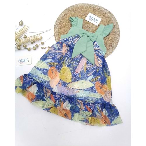 Yeşil Fiyonklu Çiçekli Şifon Elbise