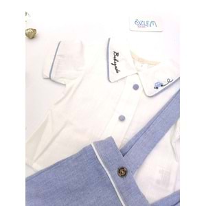 Yakası Nakış Gömlekli Mavi Şort Salopet Takım