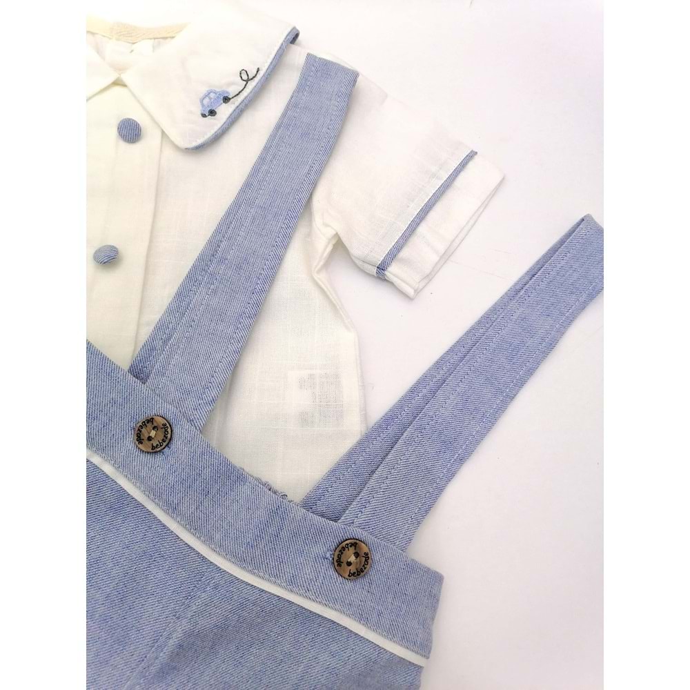 Yakası Nakış Gömlekli Mavi Şort Salopet Takım