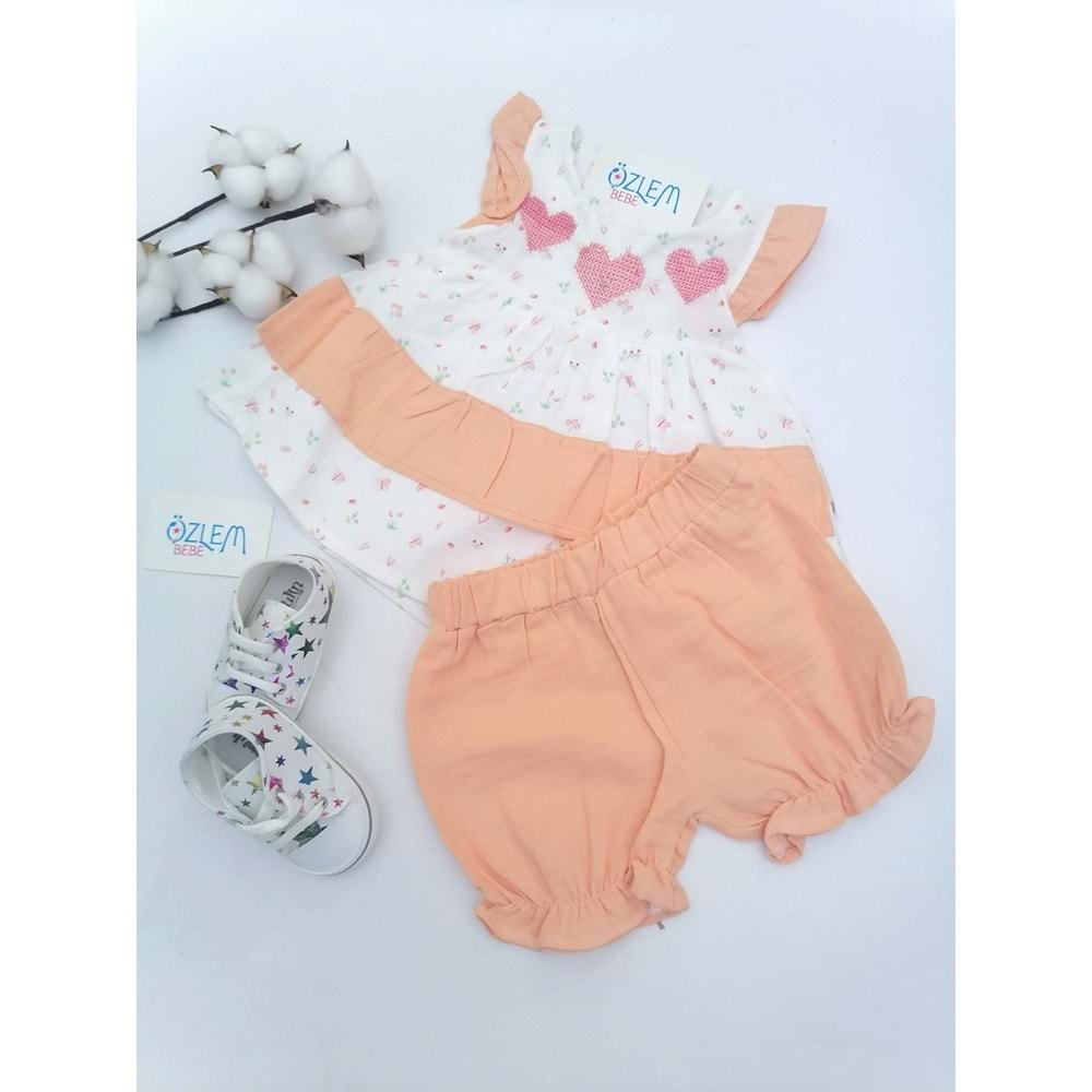 Çiçek&Kelebek Şortlu Müslin Somon Takım