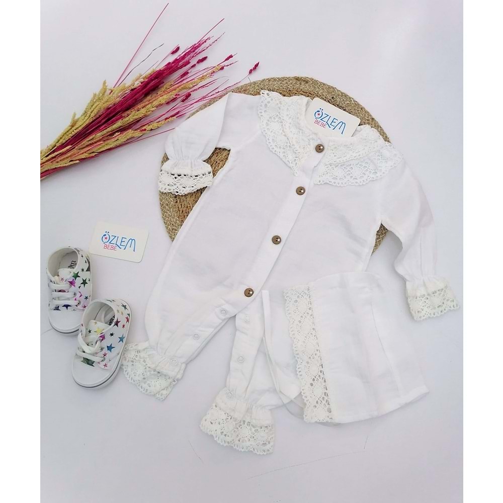 Yakası Dantel İşleme Müslin Tulum