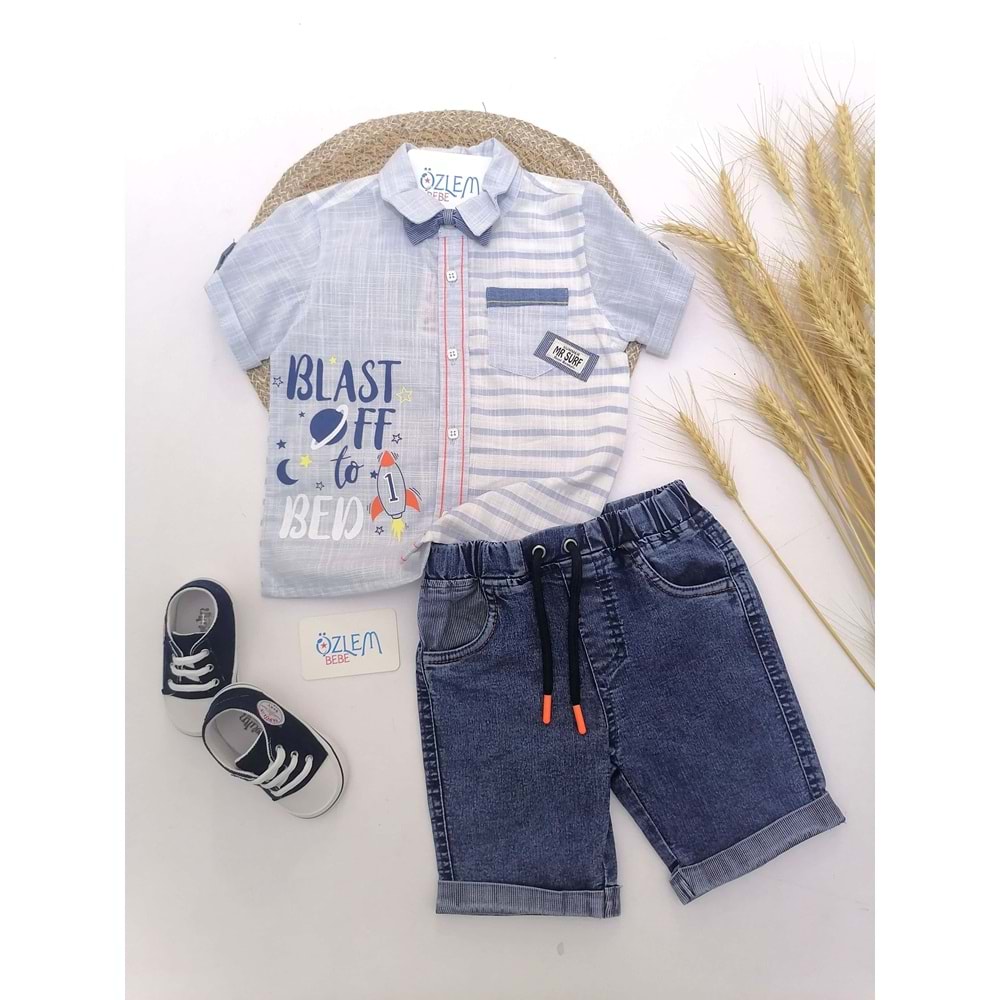 Çizgili Keten Gömlek Denim Şort Takım