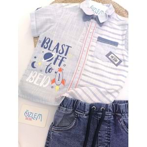 Çizgili Keten Gömlek Denim Şort Takım