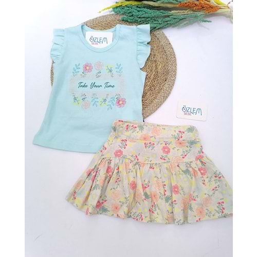 Mint Tişört Çiçek Etekli Takım