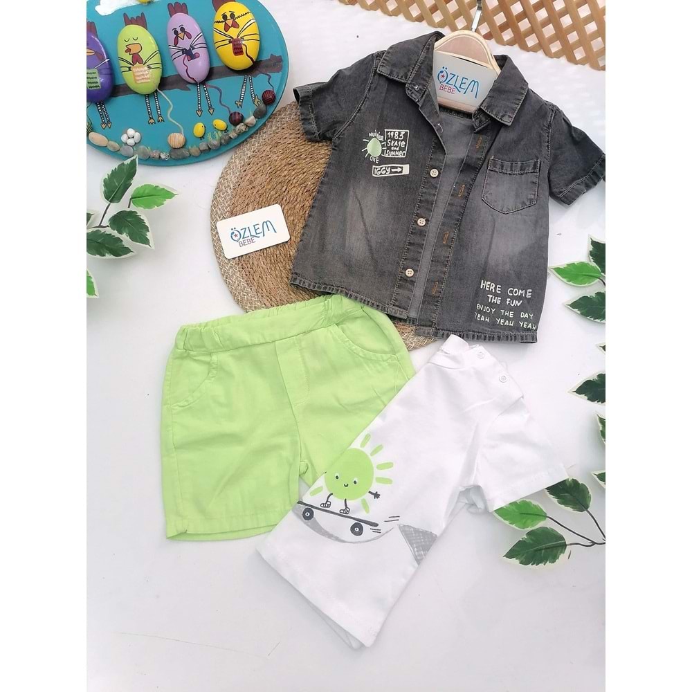 Yeşil Şort Denim Gömlekli 3'lü Takım