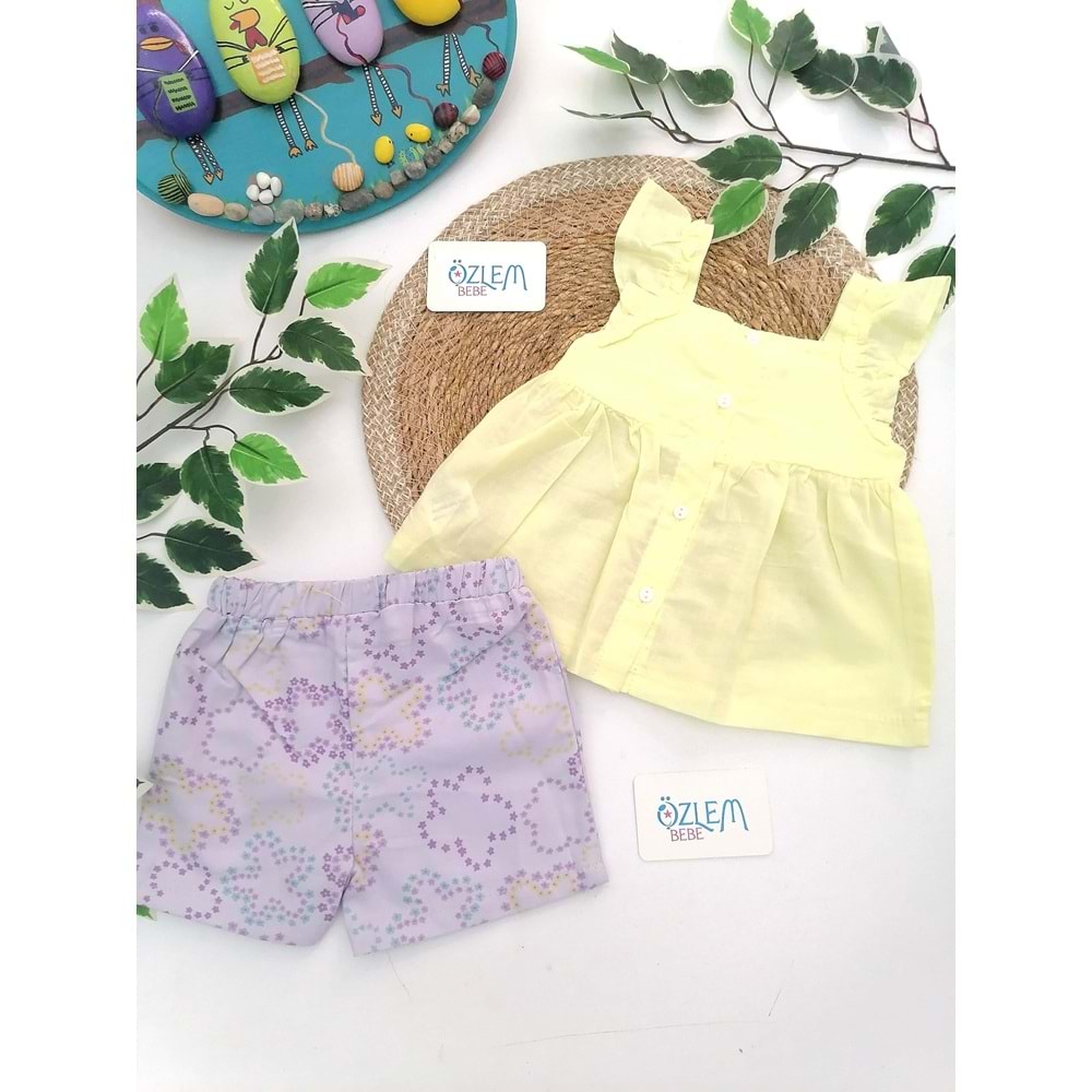 Sarı Gömlekli Lila Çiçek Şortlu Takım