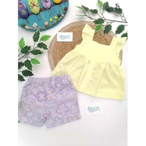 Sarı Gömlekli Lila Çiçek Şortlu Takım