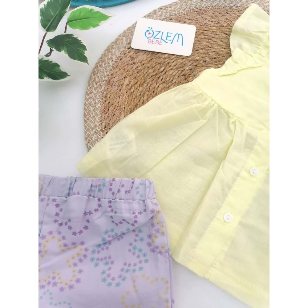 Sarı Gömlekli Lila Çiçek Şortlu Takım