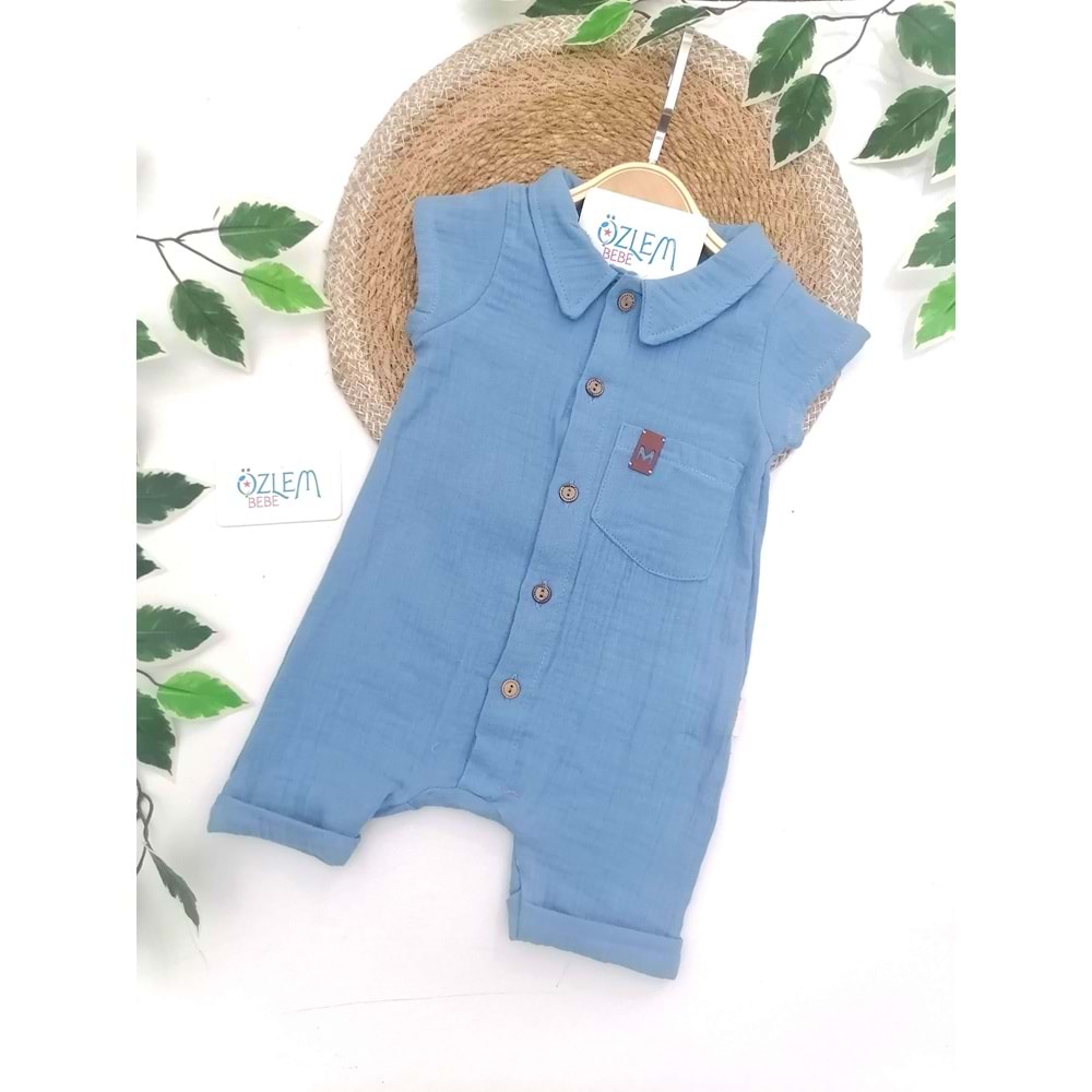 Gömlek Yaka Mavi Müslin Tulum