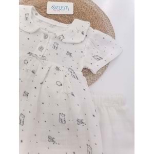 Şirin Kedi Şalvarlı Müslin Beyaz Takım