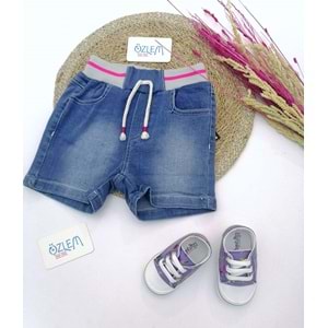 Pembe Çizgili Beli Lastikli Mavi Denim Şort