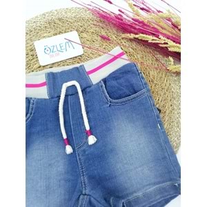 Pembe Çizgili Beli Lastikli Mavi Denim Şort