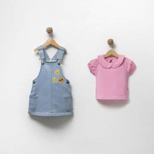 Emojili Pembe Tişörtlü 2'li Salopet Elbise