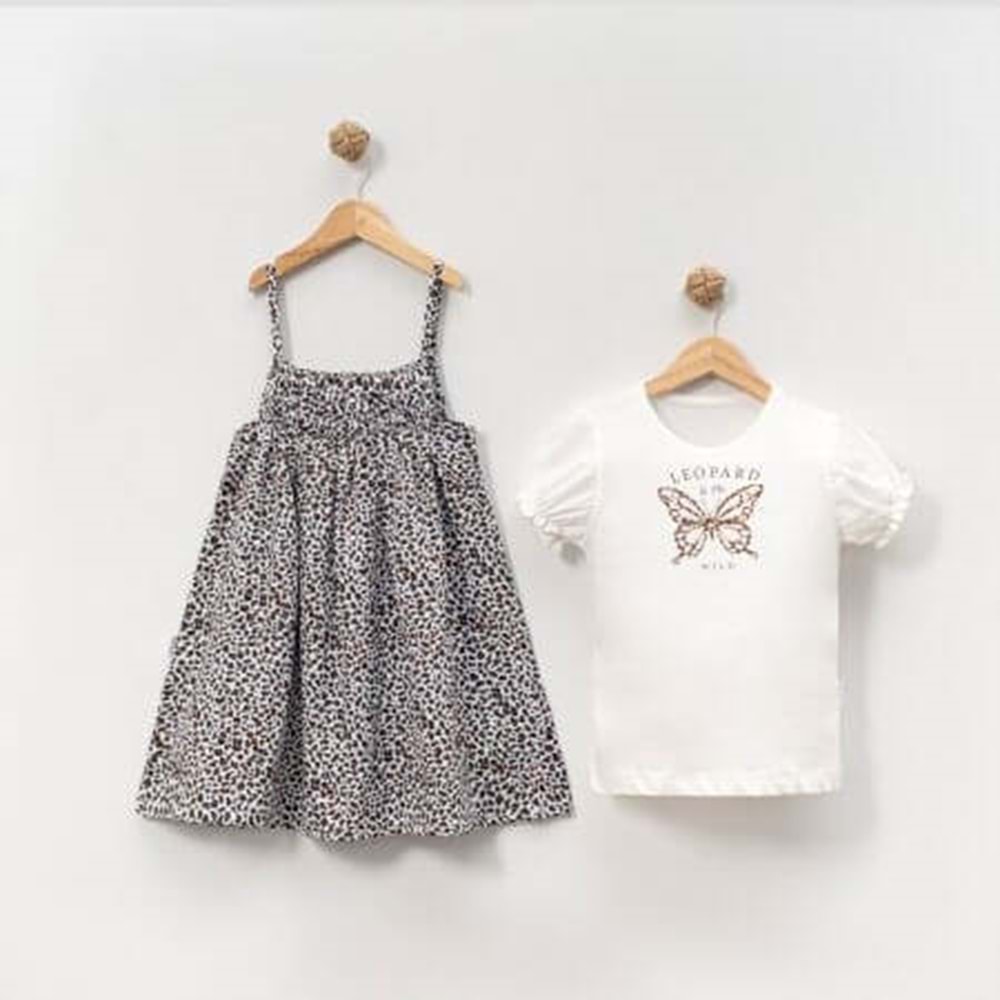 Kelebek Taş Baskı Leopar Elbise 2'li Takım