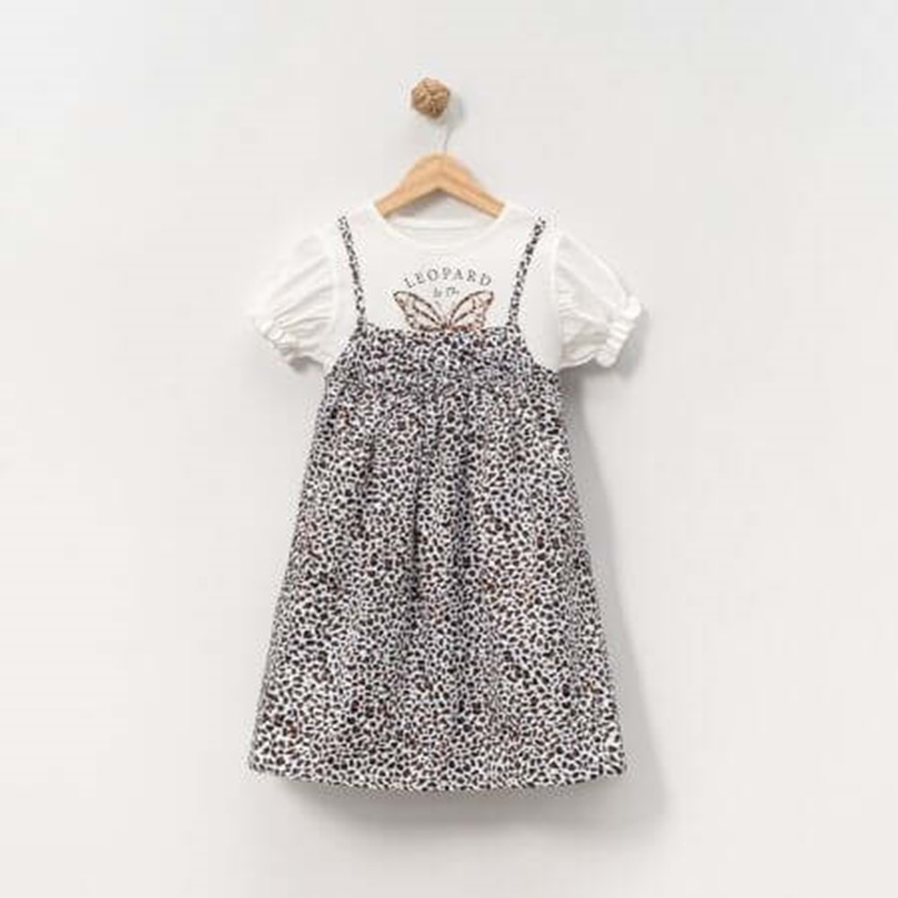 Kelebek Taş Baskı Leopar Elbise 2'li Takım