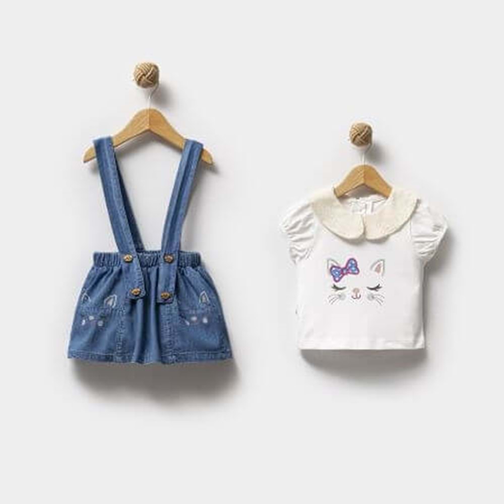 Kedi Baskılı Salopet 2'li Takım