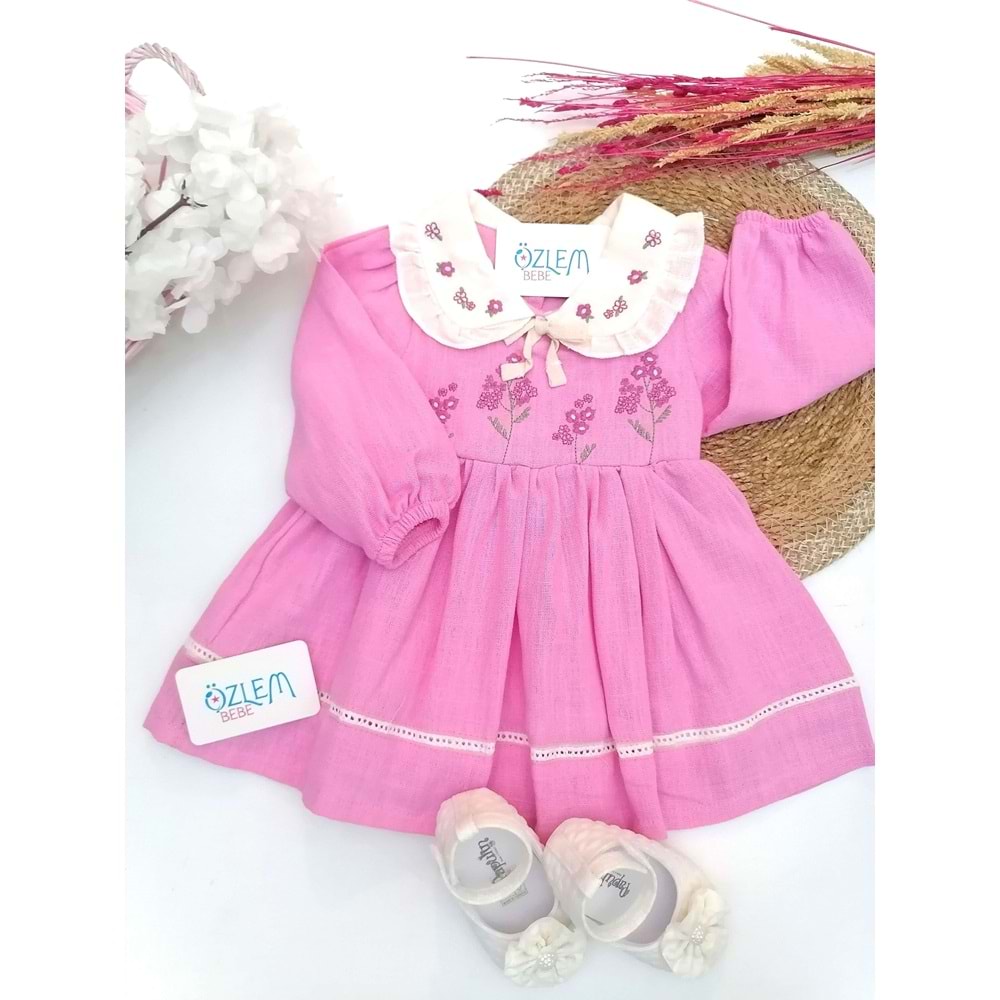 Bebe Yaka Nakışlı Keten Elbise