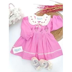 Bebe Yaka Nakışlı Keten Elbise