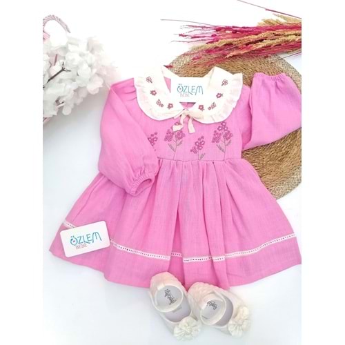 Bebe Yaka Nakışlı Keten Elbise